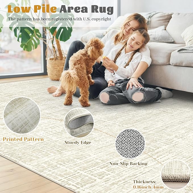 9x12 Area Rugs for Living Room, Washable Large Area Rug Neutral Modern Abstract Bedroom Rug Soft Non Slip Low Pile Stain Resistant Indoor Carpet for Kids Playroom Dining Room Office(Beige, 9'x12')
