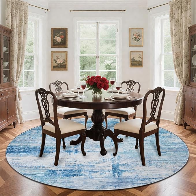 Round 5ft Area Rug Modern Abstract Washable Carpet for Living Room Entryway Dining Room Home Office - Abstract Teal Grey