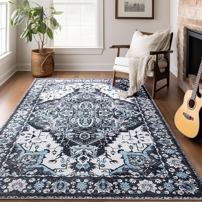 Area Rug for Living Room, 6x9 Machine Washable Non Slip Large Faux Wool Throw Rug, 0.3″ Low Pile & Non-Shedding Boho Large Carpet Rugs for for Dining Room, Bedroom, Office (Black)