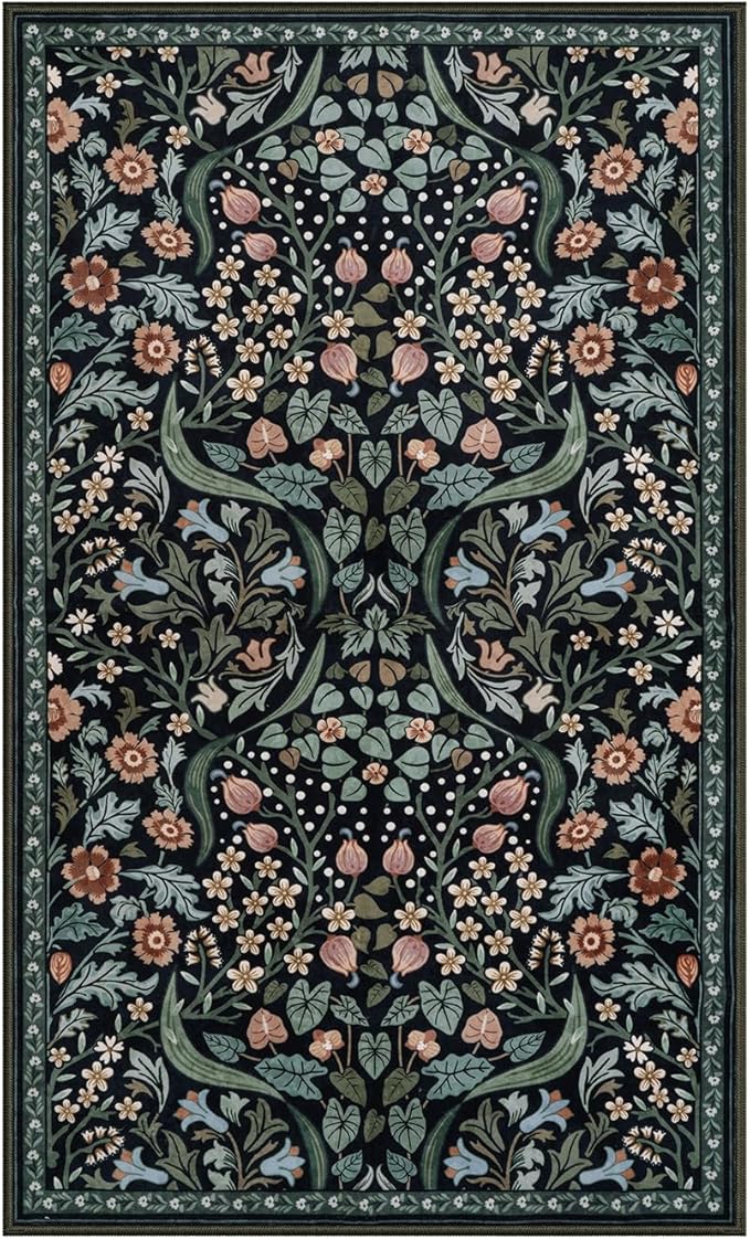 Lahome Floral 3x5 Entryway Rug, Soft Washable Bedroom Area Rugs, Botanical Non-Slip Small Black Carpet for Bedside, Entrance, Dorm, Nursery, Living Room