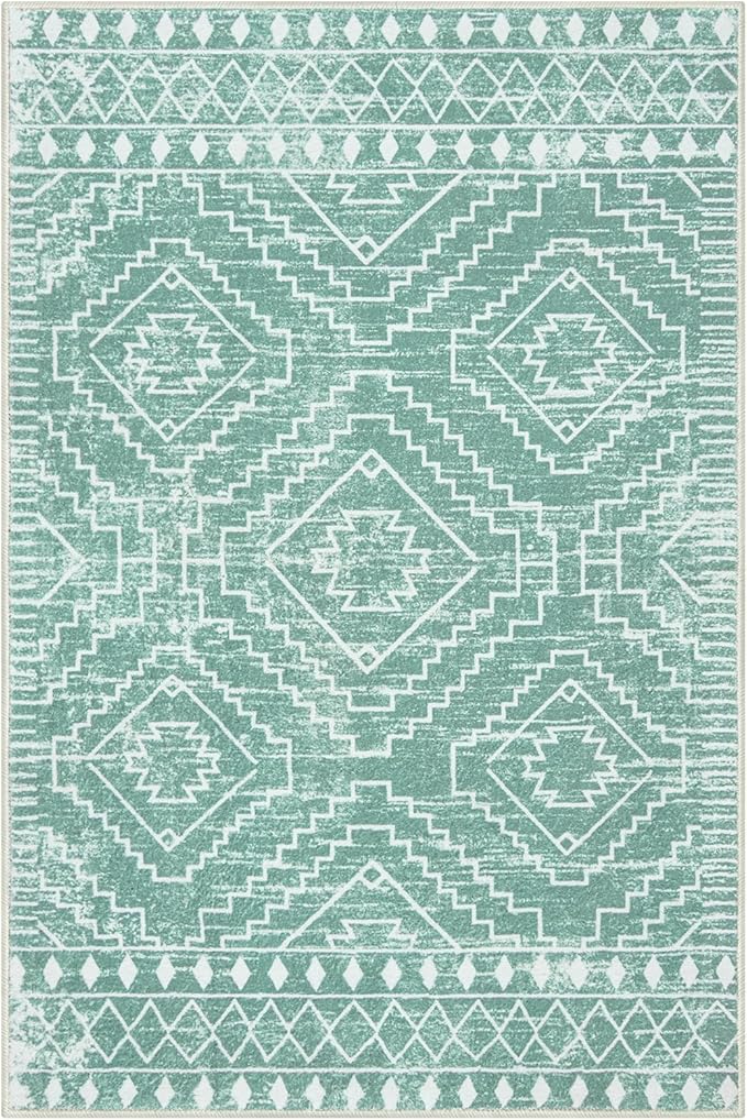 Wonnitar Moroccan Area Rugs 4x6, Sage Green Boho Rug for Bedroom, Washable Ultra-Thin Living Room Throw Mat, Farmhouse Geometric Soft Print Carpet for Nursery Bathroom Kitchen (Mint Green,4'x6')