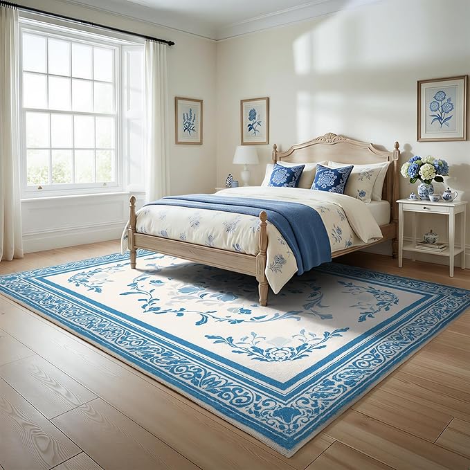 SOULFUL Medium Pile 3x5 Area Rug - Cozy Soft Underfoot Small Entryway Rug - Blue Boho Floral - Washable Non-Slip - Perfect for Living Room Bedroom Foot Kids Room Reading Nook