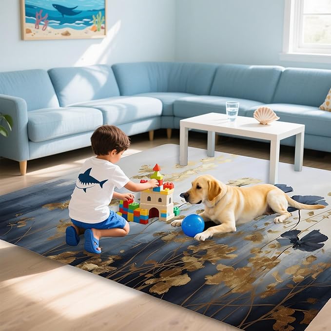 Blue Gray Flower Area Rug for Living Room, Non-Slip Backing Low Pile Modern Abstract Rug for Indoor Use, 3x5 Washable Carpet