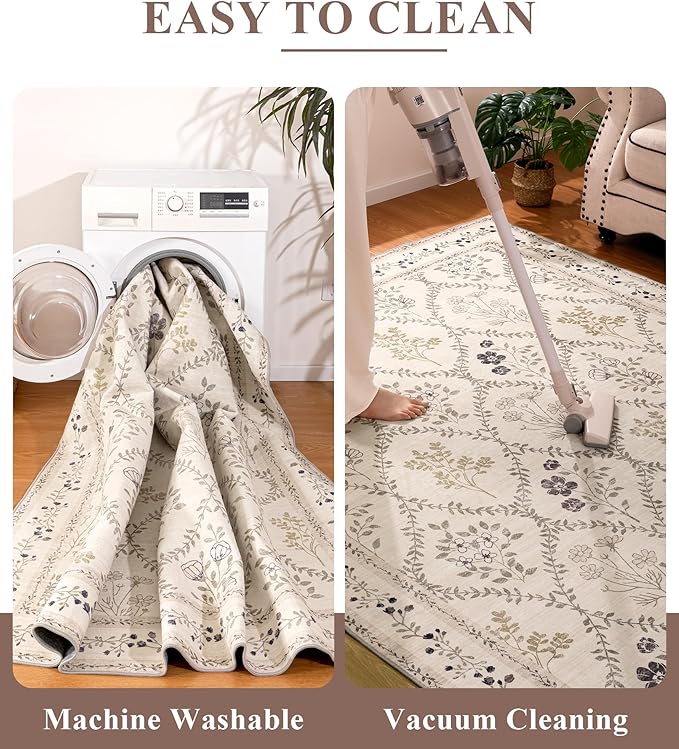 YIHOUSE 6x9 Washable Rug for Bedroom, Beige Floral Rugs for Living Room Non Slip Ultra-Thin Large Boho Rug for Kids Playroom, Classroom, Girls Dorm, Nursery, Beige Multi