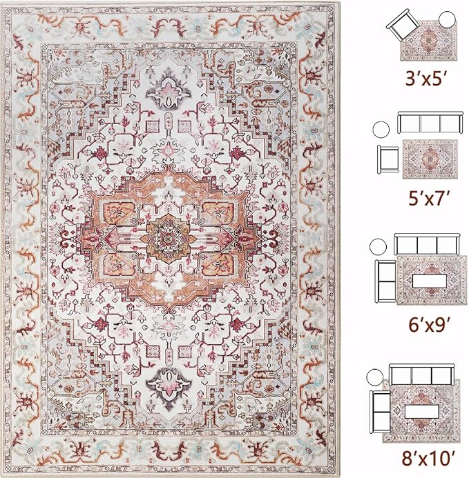 Large Area Rugs 6x9, Washable Vintage Rugs -Low Pile, Soft Plush Rugs for Bedroom, Kitchen, Dining Room, Stain Resistance, Non Shedding & Kid & Pet Friendly, Beige