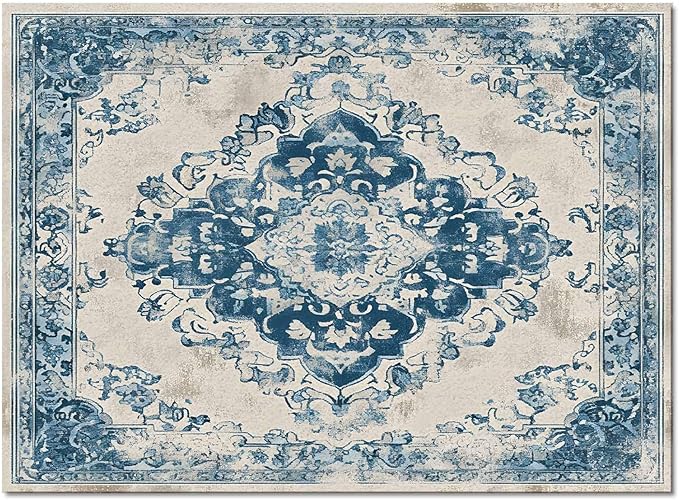 Blue Bohemian Rectangular Area Rugs for Living Room Bedroom 4 x 6 ft Vintage Farmhouse Floral Pattern Non-Shedding Soft Low Pile Rug Non Slip Washable Rug for Nursery Entryway Playroom