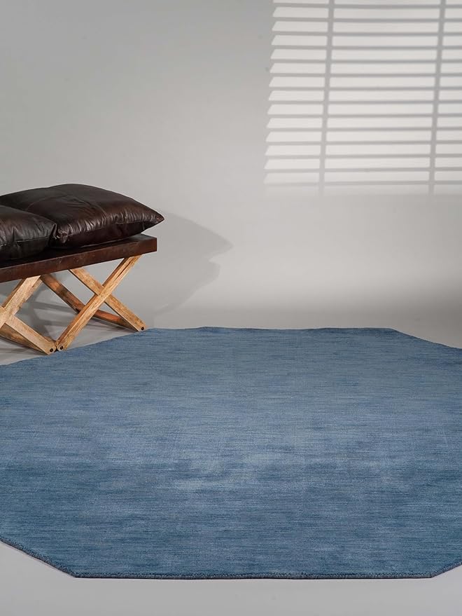 Hand Knotted Loom Wool ECO-Friendly Area Rugs - 6'x6', Octagon, Blue Color, Solid Plain Design, High Pile Thick Handmade Anti Skid Area Rugs for Living Room, Bed Room (L00111)