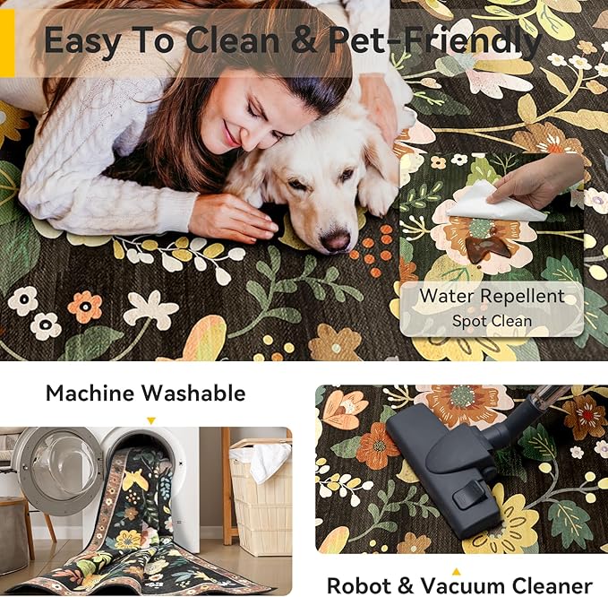 Floral 2x3 Area Rug Machine Washable Soft Print Boho Carpet Non Slip Doormat Low Pile Flower Area Rugs for Living Room Bedroom Nursery Kitchen Dining Room Indoor-Black/Yellow/Red