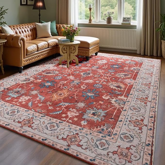Area Rug for Living Room, 9x12 Washable Non Slip Large Faux Wool Throw Rug, 0.3″ Low Pile & Non-Shedding Boho Large Carpet Rugs for for Dining Room, Bedroom, Office (Red)