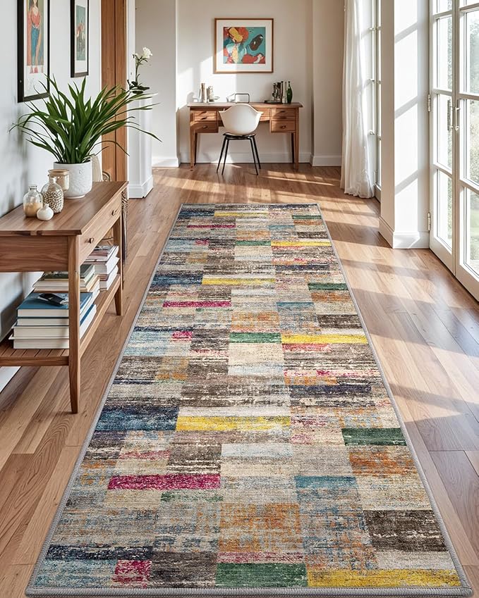 LUMI Washable Runner Rug, 3'x8' Non-Slip Hallway Mat, Low Profile Thin Long Carpeet for Laundry Kitchen Bedroom Office, Multicolor