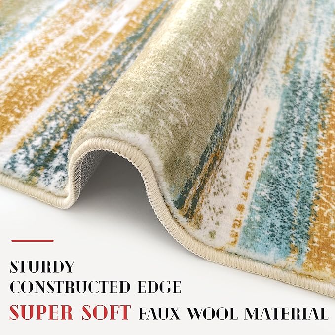 Modern Abstract Runner Rug 2.6x12, Green Mustard Multi Washable Long Kitchen Runner Non-Slip Soft Hallway Rug Runner Thin Print Faux Wool Carpet for Entryway Bedroom Laundry Room Indoor