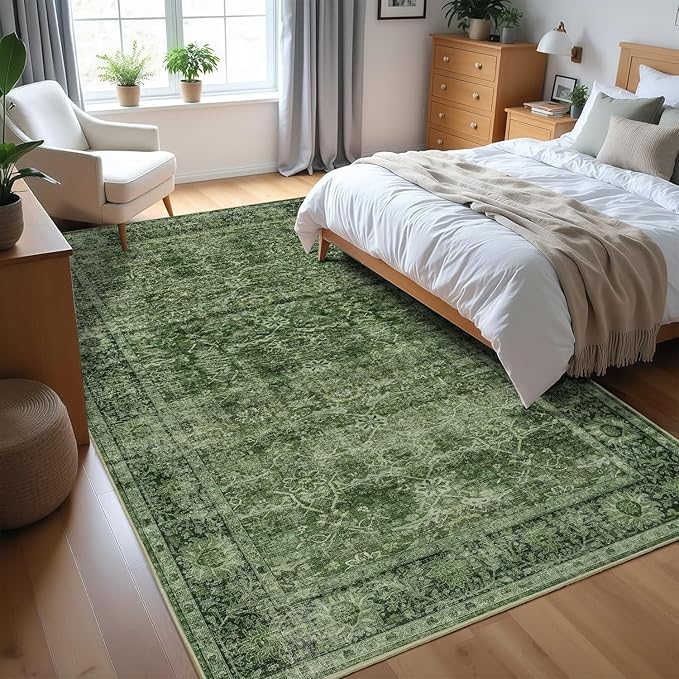 4x6 Washable Area Rug for Living Room Bedroom Dining Room Non-Slip Low Pile Boho Vintage Distressed Entryway Rug Traditional Floral Retro Accent Throw Carpet for Dining Room Bathroom Kitchen Green