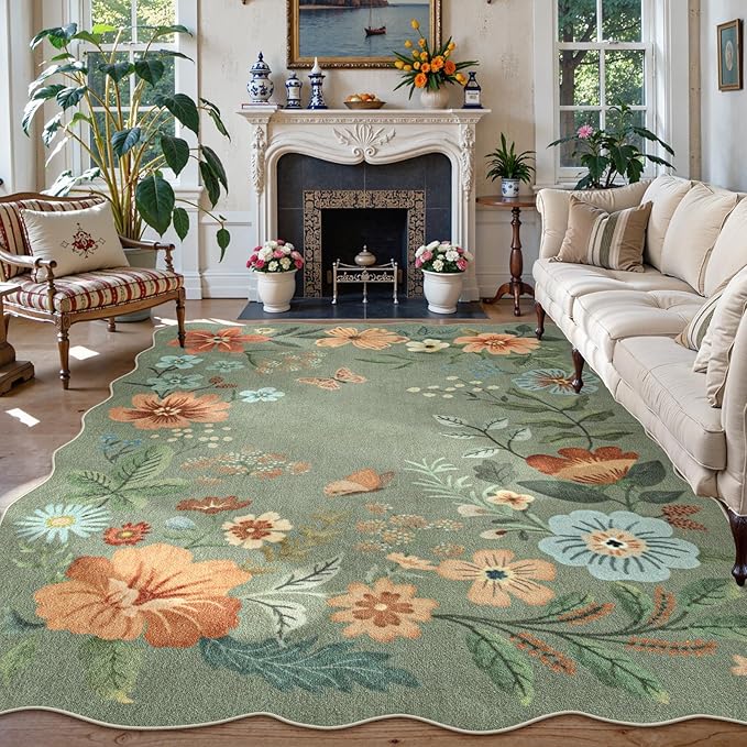 Lahome Floral 9x12 Area Rugs for Living Room Bedroom, Soft Washable Rugs 9x12 Stain Resistant, Ultra-Thin Non-Slip Boho Dining Room Rug Non-Shedding Accent Carpet for Office(9x12ft,Green)