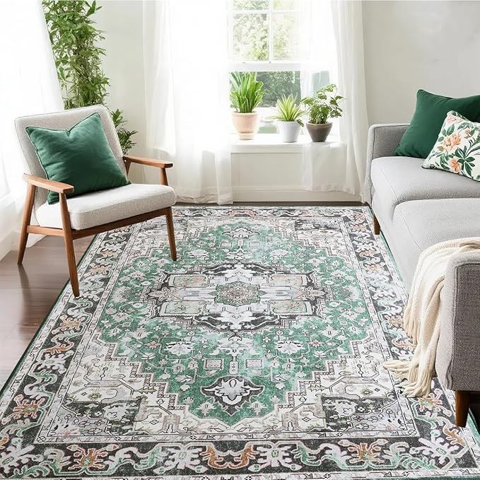 Large Area Rugs 6x9 , Washable Vintage Rugs -Low Pile, Soft Plush Rugs for Bedroom, Kitchen, Dining Room, Stain Resistance, Non Shedding & Kid & Pet Friendly, Green