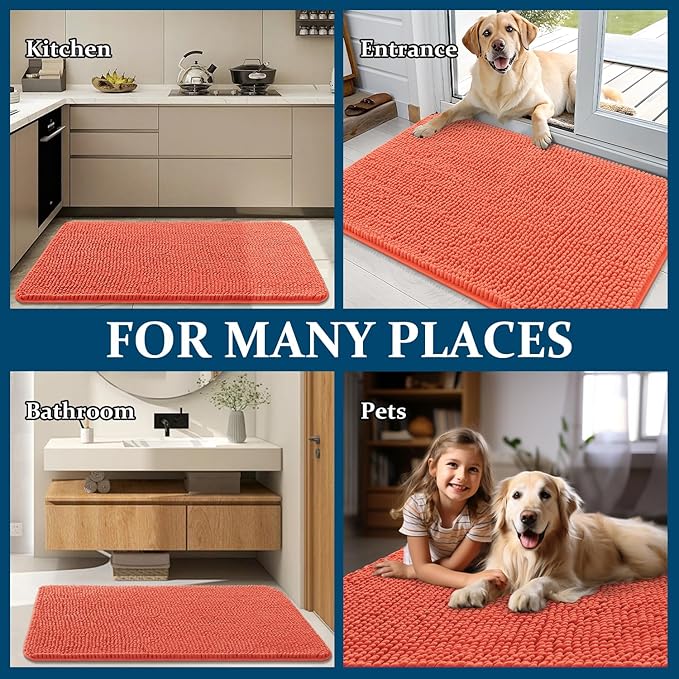 OLANLY Dog Door Mat for Muddy Paws 54x24, Absorbs Moisture and Dirt, Absorbent Non-Slip Washable Doormat, Quick Dry Chenille Mud Mat for Dogs, Entry Indoor Entryway Carpet for Inside Floor, Coral