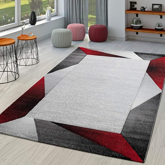 Paco Home Modern Area Rug Bordered with Geometric Pattern Red Grey with Contour Cut, Size: 6'7" x 9'6"