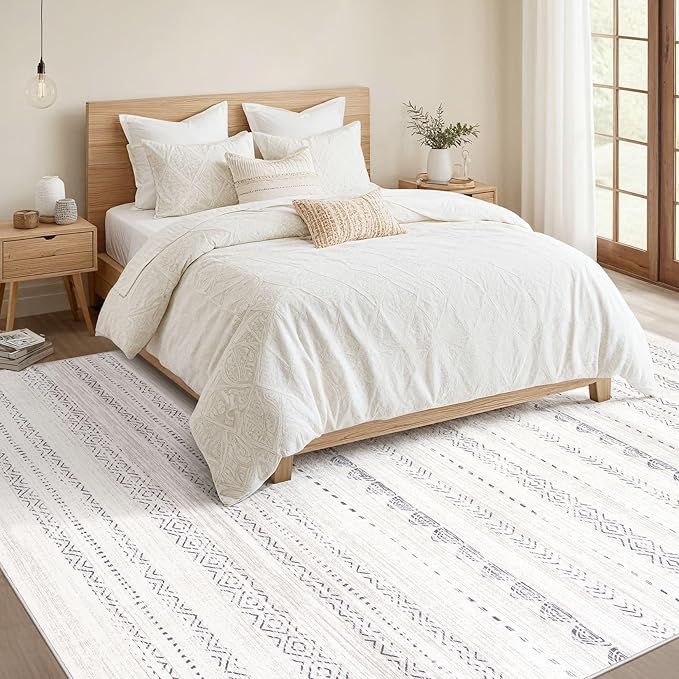Nakagishi 7x10 Area Rug Living Room: Washable Boho Large Neutral Soft Farmhouse Modern Rugs Stain Resistant Moroccan Non-Slip Indoor Floor Carpet for Bedroom Nursery Playroom Office Dining Room- Gray