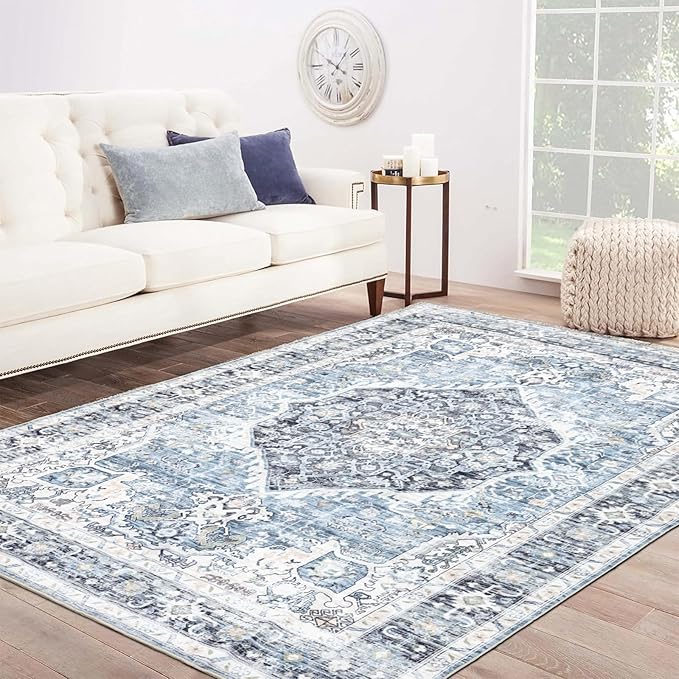 Area Rug 8×10, Large Vintage Boho Rug,Ultra-Soft Low Pile, Washable, Non Slip,Stain Resistant, Printed Carpet for Living Room Bedrooms Playroom Office Kitchen, Light Blue