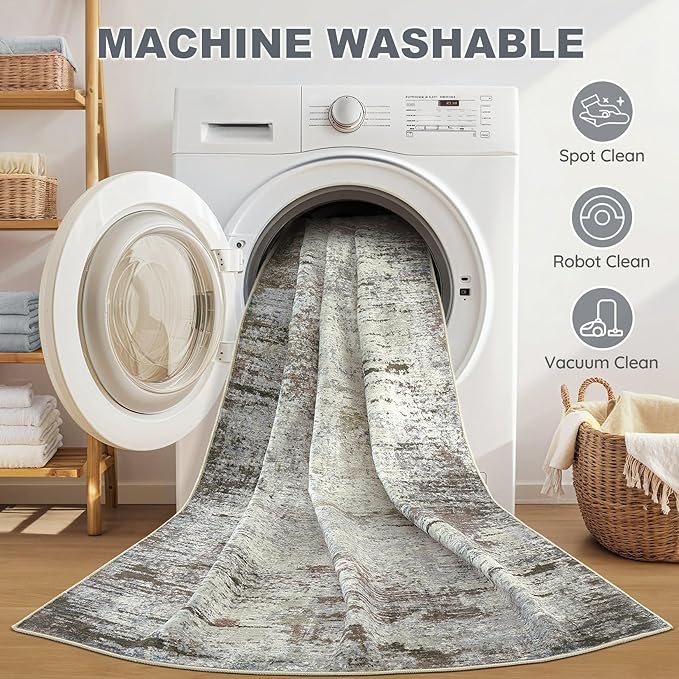 Area Rug Living Room Rugs - 9x12 Washable Large Soft Indoor Neutral Modern Abstract Low Pile Rug Carpet for Bedroom Dining Room Farmhouse Home Office - Brown Rust