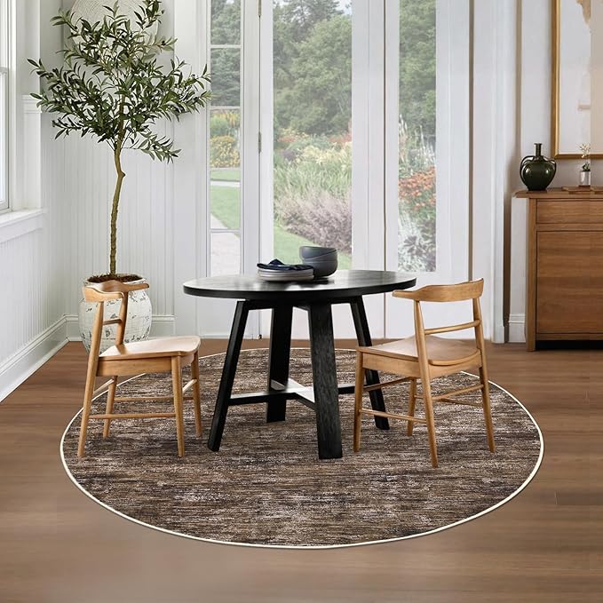 RUGSREAL Washable Round Rug 4x4 ft for Living Room Modern Round Rug Small Bedside Carpet with Rubber Backing Stain Resistant Small Entry Mat Neutral Circle Rug for Bedroom Nursery Home Decor, Brown