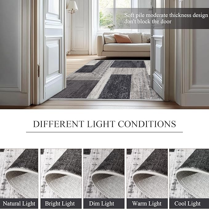 Modern Geometric Patchwork Indoor Area Rug for Living Room, Charcoal 8'x 10' Large Rug Rockwood Collection Hardwood Floors Decor for Bedroom, Grey Throw Carpet for Office Entryway Dining Room