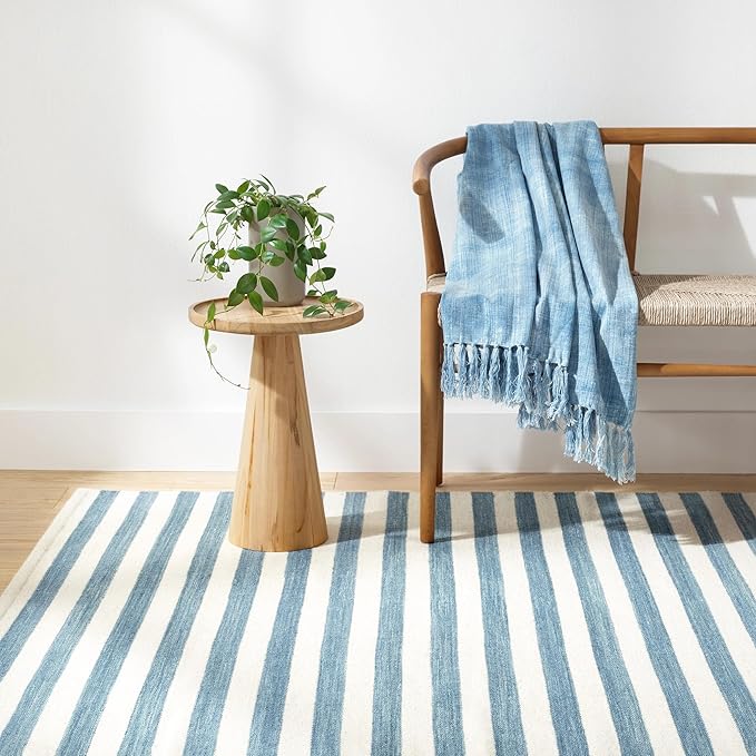 Home Conservatory Ladder Stripe Blue/Ivory Handwoven Wool 4 X 6 Feet, Blue/Ivory Stripe Pattern