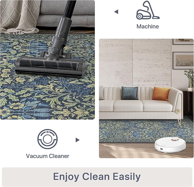 Bavni Floral Dark Blue Area Rugs 5x7, Vintage Boho Carpet Machine Washable, Non Slip Soft Low Pile Thin Rug for Bedroom, Living Room, Dining Room, Nursery