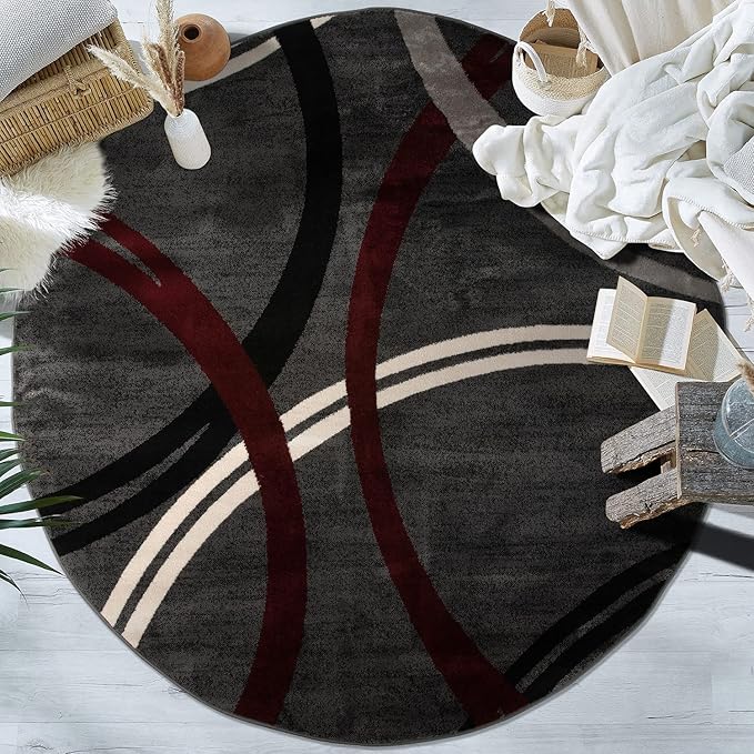 Rugshop Modern Wavy Circles Design Non-Shedding Round Rug, Carpet for Dining Room or Living Room, Red, 6'6" Round