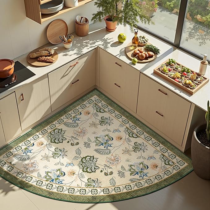 jinchan Elora Floral Corner Rug for Living Room Washable Bedroom Rug Vintage Romance Design Non Slip Quarter Circle Lightweight Low-Pile Throw Carpet for Reading Nook Playroom,6ft Radius, Green/Beige