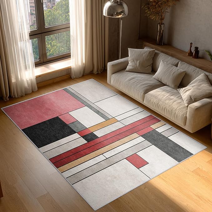 5x7 Abstract Geometric Rugs for Bedroom Decor, Washable Black White Red Geometry Pattern Area Rug, Living Room Home Decoration, Non Slip Soft Thin, Minimalist Modern Decor Carpet PF-P 49