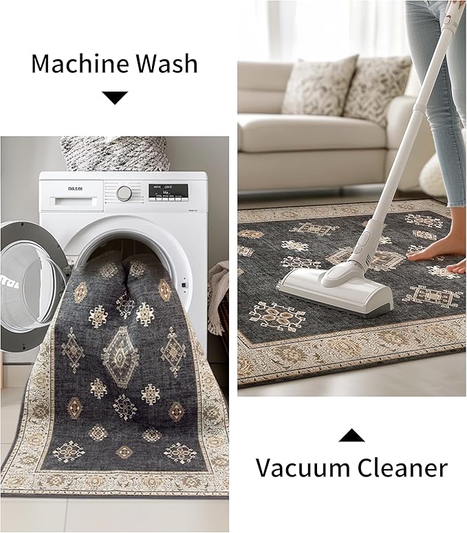 ILANGO Area Rugs 9'x12' Non Slip for Indoor Vintage Washable Rugs for Laundry Entryway Hallway Ultra-Thin Low-plie Floor Carpet for Bedroom Living Room Easy Cleaning