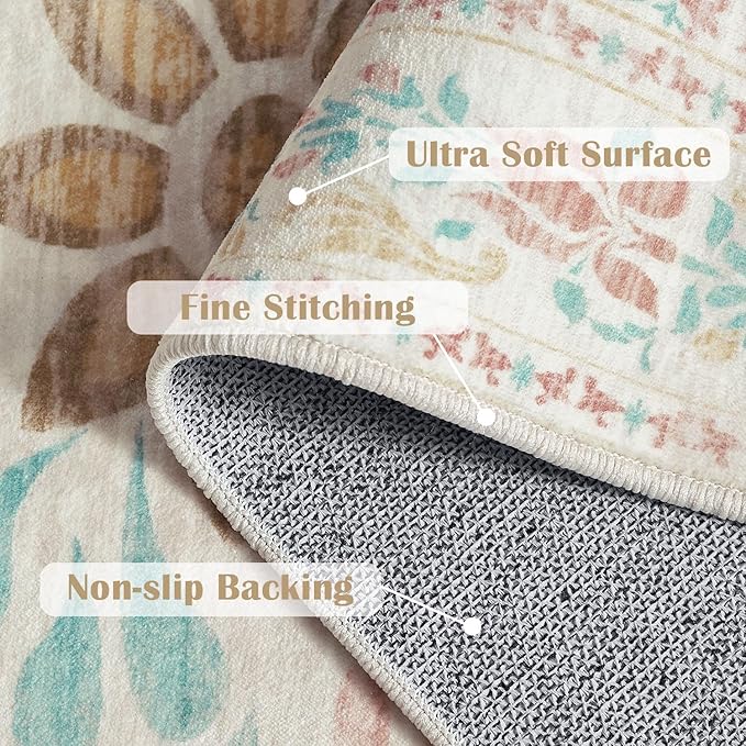 jinchan Hallway Runner Rug 2x8 Vintage Floral Distressed Design - Machine Washable Non-Slip Low-Pile Soft Thin Faux Wool Kitchen Carpet for Farmhouse Bedroom Laundry Room(2x8ft, Apricot Multi)