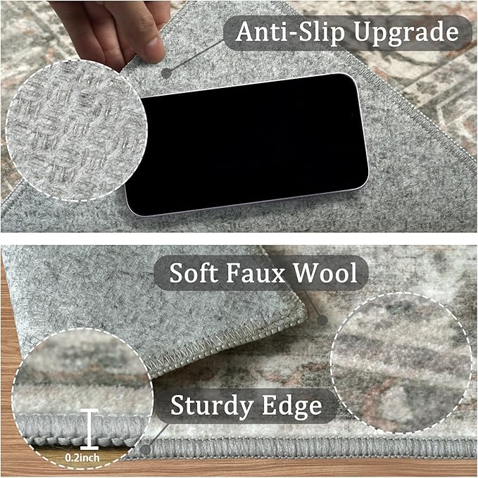 6x9 Machine Washable Area Rug for Living Room, Grey Rusty Boho Vintage Floral Rug Large Non-Slip Low Pile Soft Faux Wool Carpet, Kids and Pets Friendly for Bedroom Dining Room Farmhouse Decor Rug