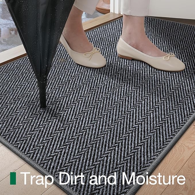 LUMI Ultra Thin Indoor Door Mat for Entrance 32"x48", Non Slip Entryway Mat, Low Profile Doormat, Unique Herringbone Design Carpet for Inside, Patio, Porch, Medium Gray