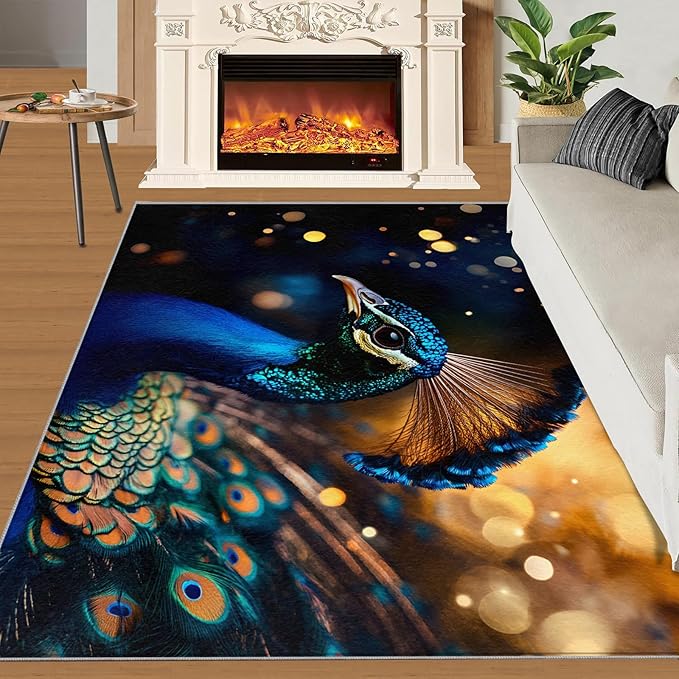 Peacock Area Rug 5x8-5x8 Rug, Wonderful Peacock Rugs for Living Room, Teal Turquoise Carpet, Peafowl Feather Washable Area Rugs for Bedroom, Aesthetics Carpet - Peafowl Home Decor & Gifts