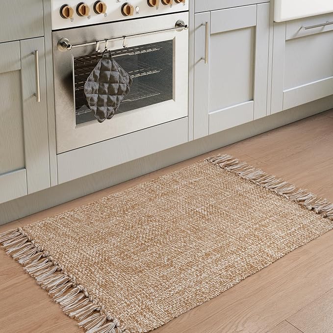 Collive Small Bathroom Rug, 2' x 3' Hand-Woven Low Profile Front Entryway Rug, Tan Cotton Reversible Washable Kitchen Mat Modern Farmhouse Carpet for Foyer Bedroom Back Door Decor
