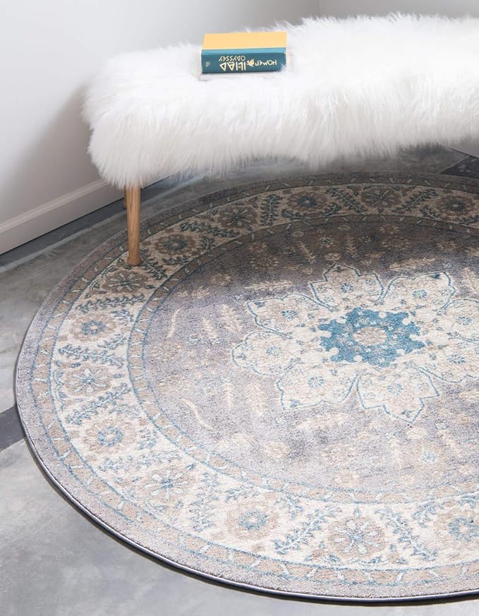 Unique Loom Salzburg Collection Classic Traditional Design Oriental Inspired Border Area Rug (8' 0 x 8' 0 Round, Gray/Beige)