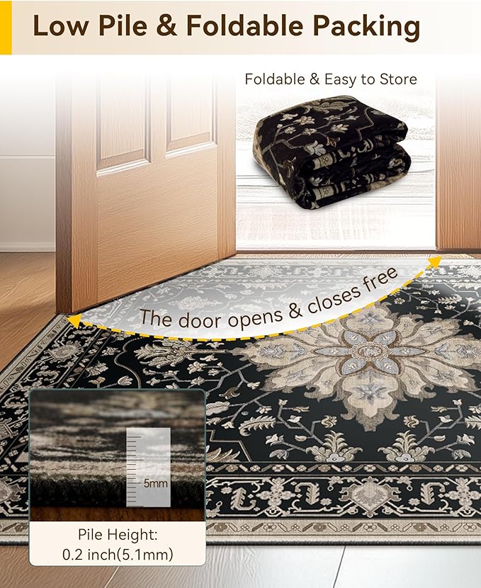 Area Rugs 2'x4' Washable Non-Slip, Floral Vintage Distress Print Pattern Medallion Carpet for Living Room Bedroom Dining Room, Black Brown Neutral Dark Tan