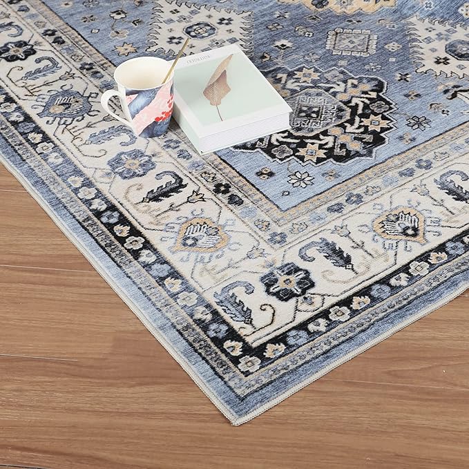 Dripex Vintage Washable Area Rug - 3x5 Entryway Rug for Indoor Door Mat Low-Pile Non-Slip Bedside Rug Bedroom Oriental Medallion Floral Print Carpet Soft Accent Rug Farmhouse Office Home Decor