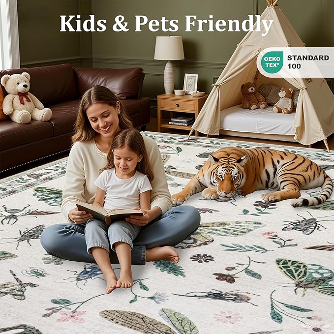 6x9 Area Rugs Living Room Rug: Vintage Washable Rug Floral Soft Carpet Indoor Floor Non-Slip Boho Stain Resistant Large Carpets for Bedroom Kids Nursery Dining Room Farmhouse Home Office Beige