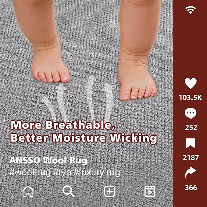 ANSSO Wool Rugs 8x10 for Living Room,80% Merino Wool and 20% Cotton Soft Tufted Area Rug with Cotton Non-Slip Backing,Large Area Rug for Bedroom Bedroom, Dining and Home Office (Dark Gray)