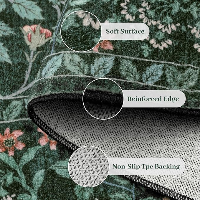 9x12 Area Rug Living Room Rug - Floral Vintage Forest Washable Carpet, Low Pile Non-Slip Stain Resistance Boho Soft Large Carpet for Bedroom, Dining Room Under Table, Farmhouse (9'x12' Dark Green)