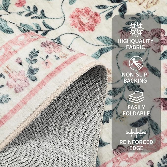 Floral Washable Rug 4x6, Non-Slip Low Pile Botanical Carpet, Vintage Farmhouse Area Rug for Bedroom Nursery Kids Room Home Decor, Pink