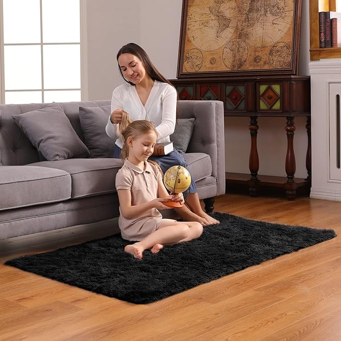 Ophanie 3x5 Black Rugs for College Dorm, Bedroom Small Area Rug, Non-Slip Fluffy Shaggy Bedside Soft Shag Fuzzy Plush Carpet for Kids Boys Teen Home Decor Aesthetic, Nursery
