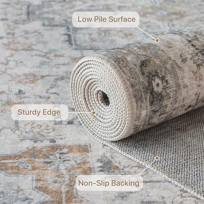 GENIMO 10x12 Area Rugs for Living Room, Non Slip Machine Washable Vintage Rugs, Low Pile Lightweight Chenille Print Large Rug for Bedroom, Dining Room, Home Office, Light Taupe Brown