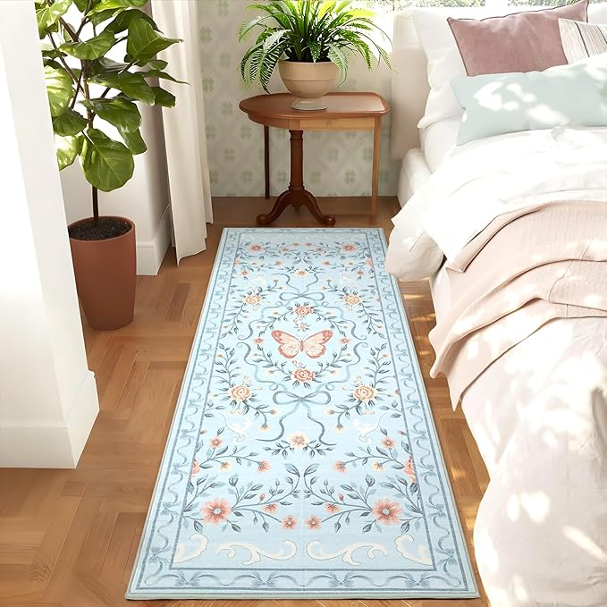 GarveeHome Washable Runner Rug 2x6 Non Slip Hallway Runners Stain Resistant Low Pile Floral Runner Rugs for Kitchen Soft Long Entryway Runner Rugs Blue Boho Throw Carpet for Bedroom Nursery, 2x6