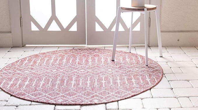 Unique Loom Outdoor Trellis Collection Area Rug - Tribal Trellis (4' 1" Round, Rust Red/ Ivory)