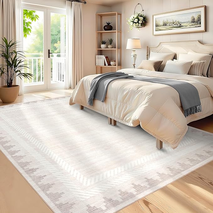 Geometric Bordered Machine Washable 9x12 Low Pile Area Rugs for Living Room Large Non Slip Soft Indoor Carpet Foldable Stain Resistant Non-Shedding Beroom Dining Room Rugs, Beige