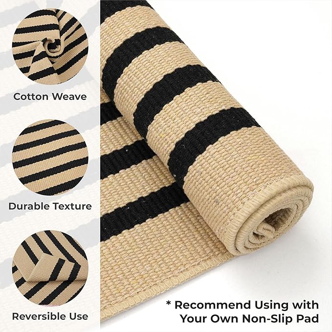 KOZYFLY 3'x5' Cotton Area Rug, Brown and Black Striped Outdoor Rug, Hand-Woven, Machine Washable, Perfect for Front Door, Kitchen, Living Room