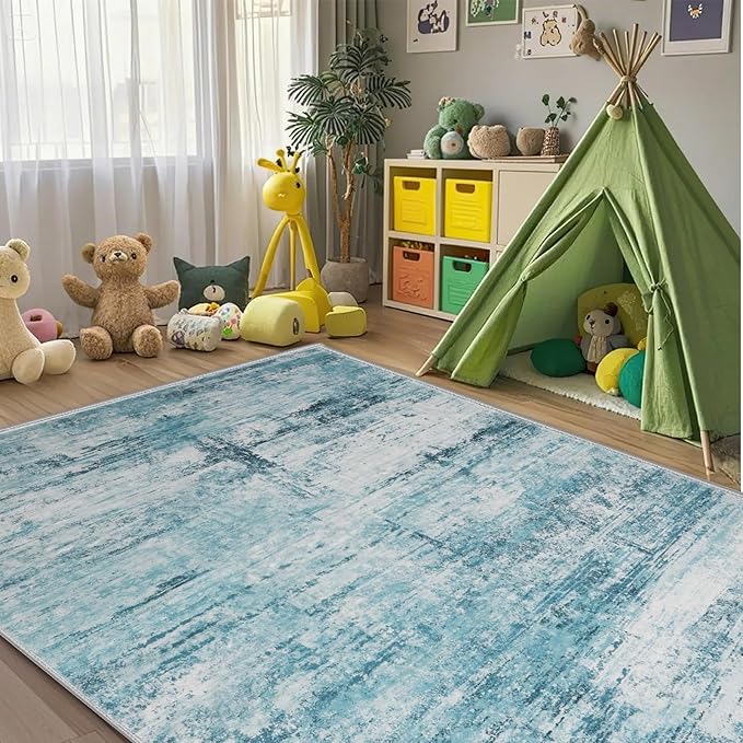 3x5 Abstract Rug for Entryway, Modern Teal Grey Washable Indoor Entry Way Area Rugs, Thin Soft Non-Slip Carpet Door Mat for Dining Room Kitchen Bedroom - Teal+Gray
